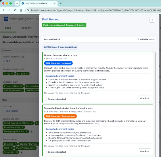 Post Review results displayed inside LinkedIn Sales Navigator